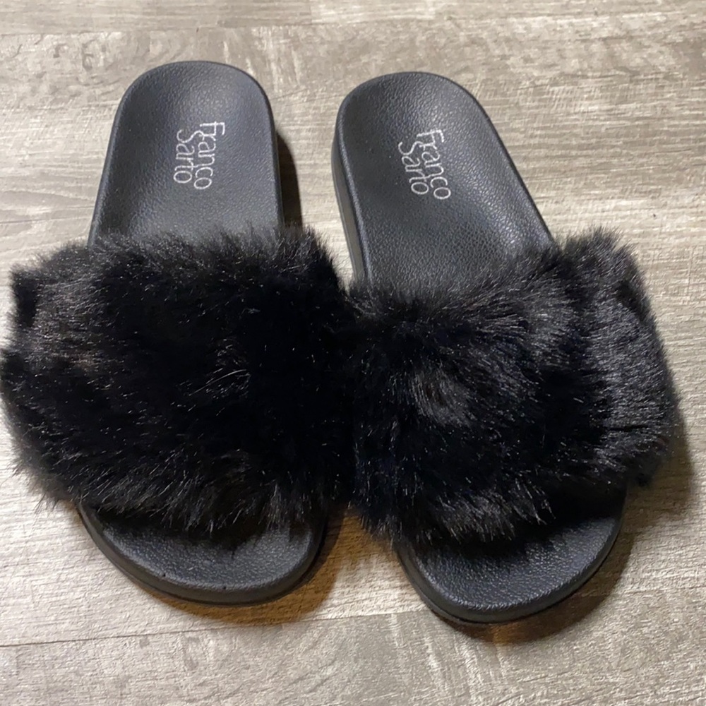 Black Fur Slides - size 8